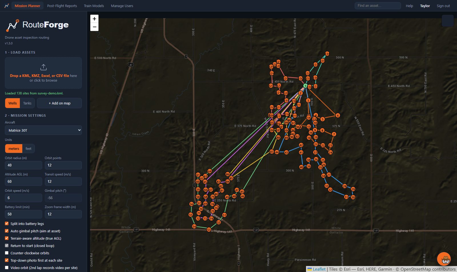 RouteForge mission planner showing an optimized multi-battery route across an asset field